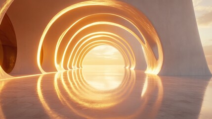 Obraz premium Golden Archway Tunnel at Sunset with Water Reflections