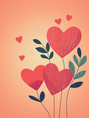 Hearts with leaves cluster on warm orange background