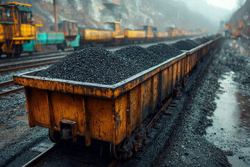 Close-up of coal train car loaded with black coal in industrial railway yard.