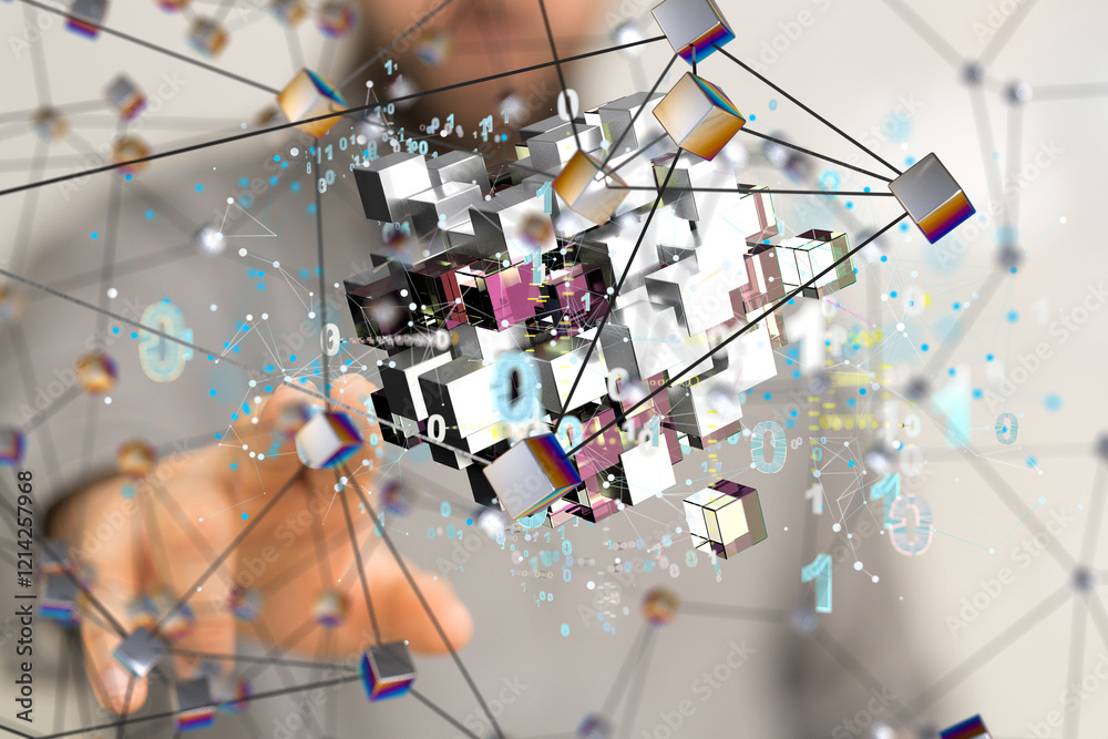 Poster Data cloud storage network from lines, triangles and particle style design.