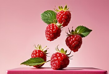 Podium with falling raspberries and mint on a pink background Flying raspberries with green mint leaves Banner Poster Generative AI