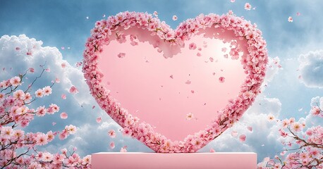 Podium for product presentation with pink petals and heart shape arch of sakura flowers and cherry blossom background, springtime, Banner Poster Postcards Template Generative AI
