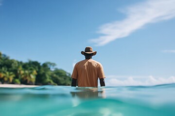 Fototapeta premium commercial photography for advertising campaign showcasing man preparing to snorkel near vibrant reef with bright horizon