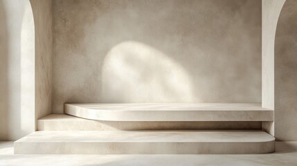 Minimalist Beige Stone Platform with Archway and Sunlight