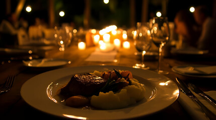 Romantic candlelit dinner, outdoor restaurant, steak dish, evening