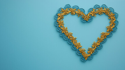 Obraz premium Heart shaped lace frame with gold floral details on blue