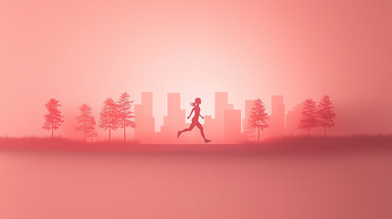 Young woman running in urban park at sunset with pink colors