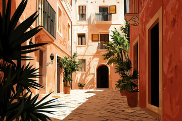 Picturesque narrow street with palm trees in warm colors