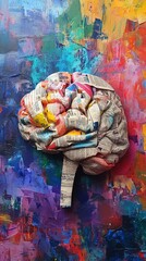 Fototapeta premium Colorful brain made of crumpled newspaper on vibrant painted background.