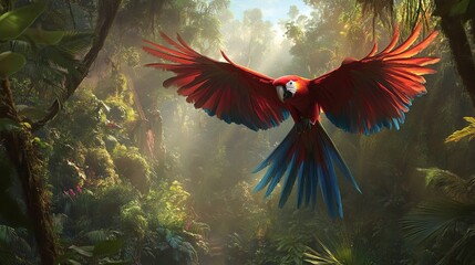 Scarlet macaw in flight through lush rainforest.