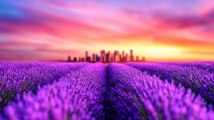Fototapeta premium Vibrant Lavender Field at Sunset with City Skyline in the Background