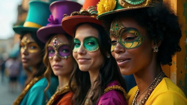 Female Mardi Gras masks and hats. Festive concept celebration Mardi Gras