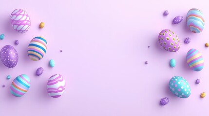 Festive Pastel Easter Eggs Scattered on Lavender Background Spring Holiday Design