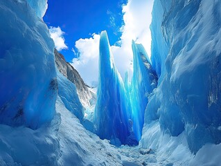 Glacier Canyon, Patagonia, blue ice formations, sunny sky, travel background