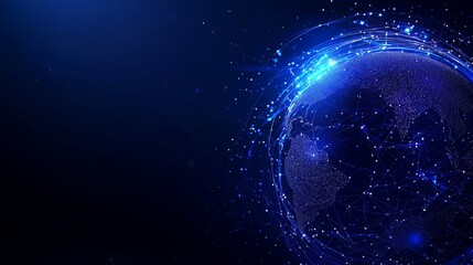 Obraz premium A glowing blue globe surrounded by shimmering particles against a dark background, evoking a sense of cosmic beauty and connectivity.
