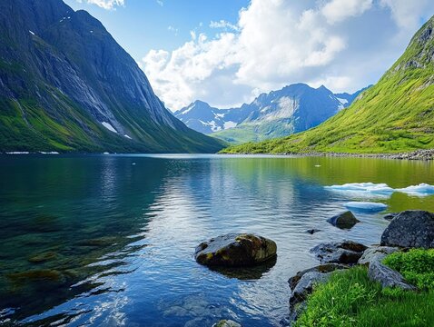 Calm mountain lake reflecting peaks, serene summer landscape, idyllic nature scene; tourism