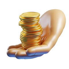 Support hand with gold coin stack 3d cartoon style illustration