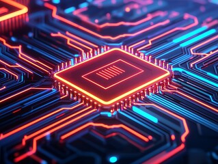 A vibrant, close-up view of a microchip with intricate circuits, glowing in blue and red hues, showcasing advanced technology and digital innovation.
