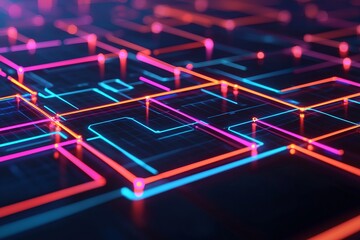 A vibrant, digital maze of neon pathways in pink and blue, showcasing a futuristic design with glowing lines on a dark surface.