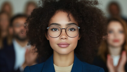 -Joyful Woman with Curly Hair and Blue Blazer in Front of Applauding Crowd – Celebratory Indoor Event Scene with Smiling Attendees