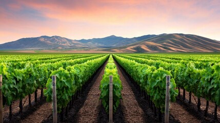 Fototapeta premium Lush Green Vineyard Rows at Sunset Mountain Landscape Wine Country