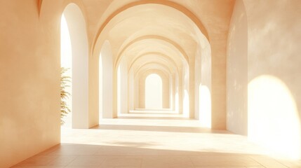 Naklejka premium Sunlit Stone Archway Corridor: Minimalist Architectural Design