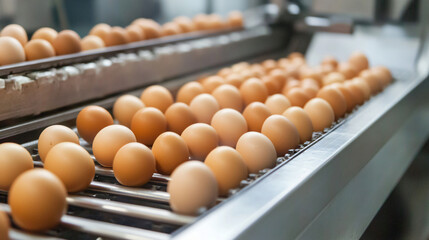 Eggs on Conveyor Belt: Close-up of fresh, brown eggs moving along a conveyor belt in a modern industrial egg processing plant.