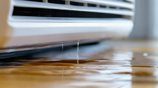 Air conditioning unit leaking water on hardwood floor causing potential damage and hazards