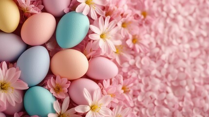 Pastel Easter Eggs Nestled in Delicate Pink Flowers Springtime Festive Background