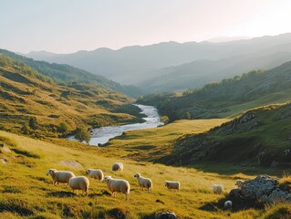 Sheep graze idyllic valley sunset; river, mountains background; pastoral scene, travel, nature