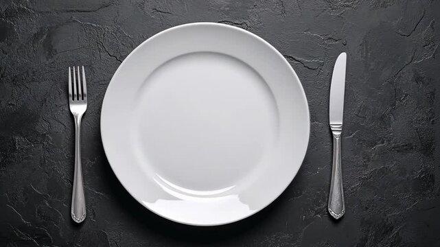 Empty white plate with fork and knife arranged on dark textured table for upcoming meal