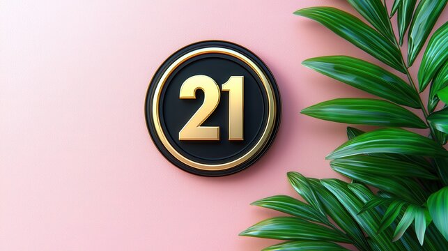 Elegant Gold 21st Birthday Number Badge with Tropical Leaves on Pink Background