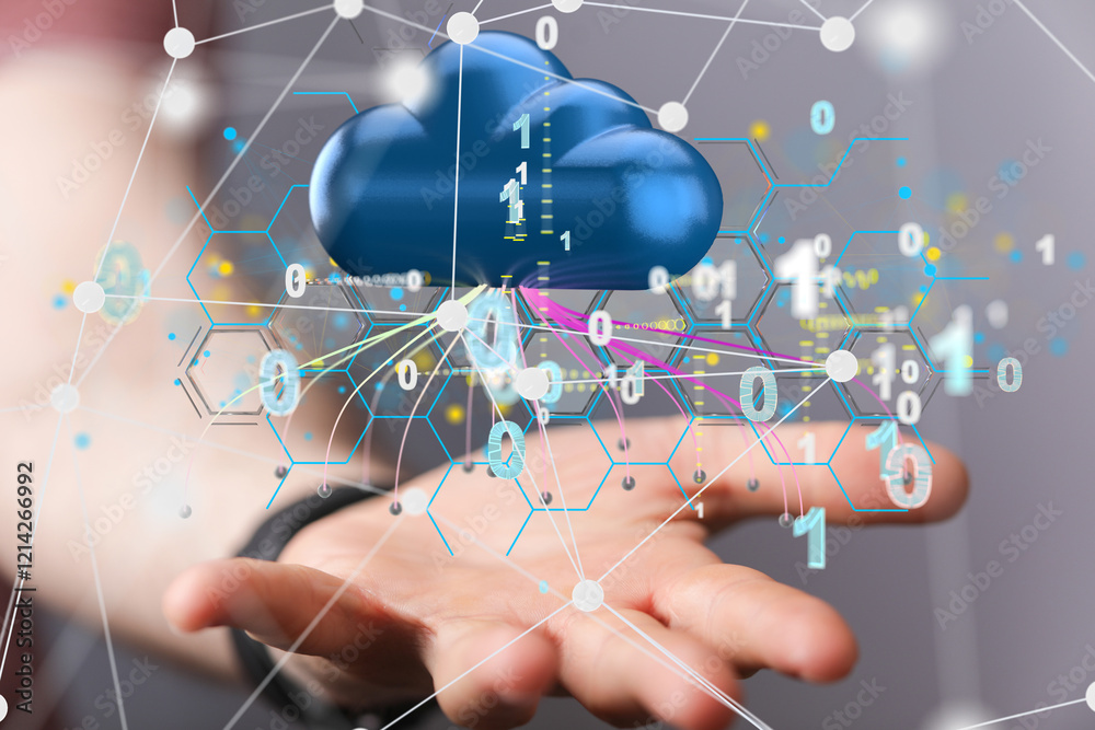 Poster Data cloud storage network from lines, triangles and particle style design. 3d