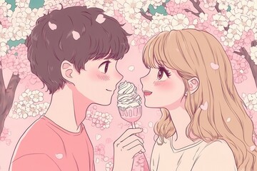 kawaii anime couple sharing ice cream in a pastel cherry blossom garden, soft dreamy lighting and gentle pink atmosphere