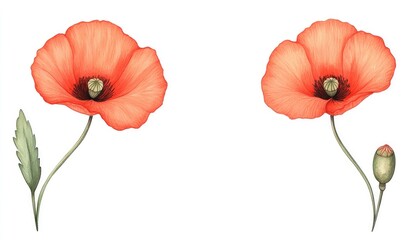 Obraz premium Vibrant red poppy flowers with delicate petals and green leaves, isolated on a white background