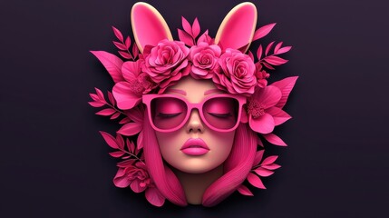 Stylish Pink Floral Fashion Illustration Woman with Bunny Ears Sunglasses Roses