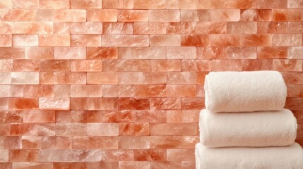 Stacked White Towels Against a Himalayan Pink Salt Brick Wall Background