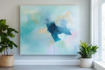 large-scale abstract painting with flowing organic shapes in soft mint and turquoise, textured...