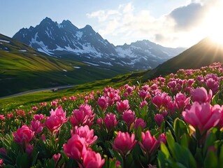 Mountain sunrise, pink flowers, scenic road, travel postcard.