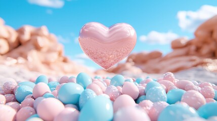 Obraz premium Pastel Pink Heart Above Sparkling Blue and Pink Easter Eggs Spring Scene