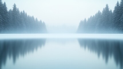 Fototapeta premium commercial photography for advertising campaign showcasing frosty lake surrounded by pine trees and snow with blurred
