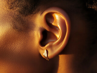 Macro shot of a human ear wearing a unique, geometric earring, with soft 