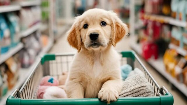Cute puppy enjoys a shopping trip in a pet supply store