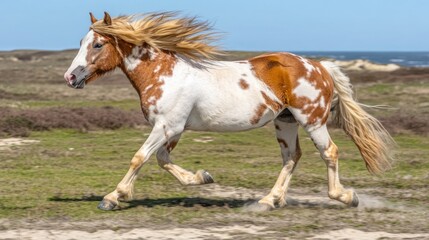 Pinto horse running freely in a field near the ocean.