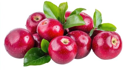 A glossy red apple with bright green leaves, perfectly isolated on a pure white backdrop