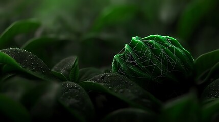 Green plant bud with web, dew drops, dark background; nature, growth concept