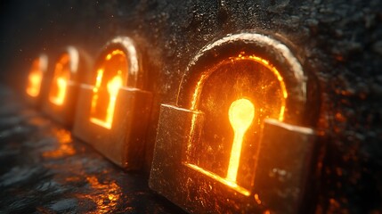 Glowing keyholes in ancient stone locks.