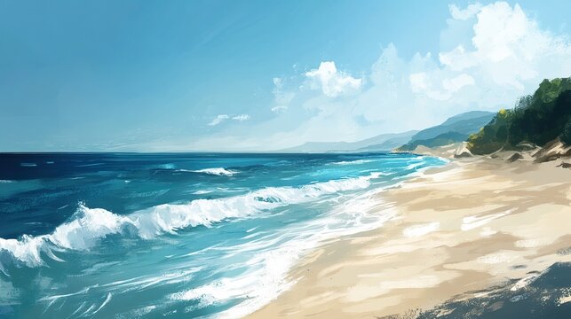 Serene coastal landscape with gentle waves lapping a sandy beach under a clear blue sky.