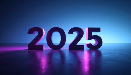 2025 Year Design in Neon Lights with Blue and Purple Reflection