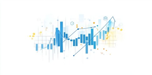 Fototapeta premium An abstract financial chart displaying an uptrend line graph, bar chart, and city silhouette against a white background, symbolizing business growth